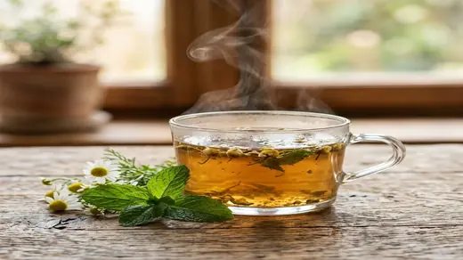 Glass mug of herbal tea